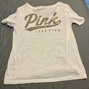 Pink brand Victoria secret V neck tee. White with gold